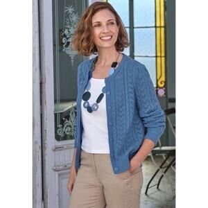 Woolovers Women's Blue Pointelle Stitch Crew Neck 100% Cotton Cardigan-Size XL